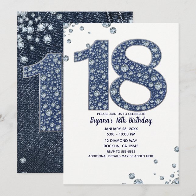 Denim & Diamonds Bling Sparkle 18TH 18 Birthday Invitation (Front/Back)