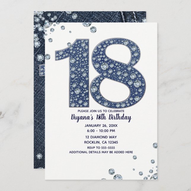 Denim & Diamonds Bling Sparkle 18TH 18 Birthday Invitation (Front/Back)