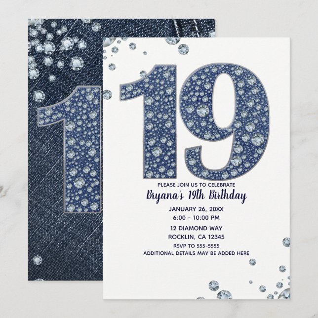 Denim & Diamonds Bling Sparkle 19TH 19 Birthday Invitation (Front/Back)
