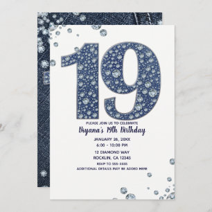 Denim & Diamonds Bling Sparkle 19TH 19 Birthday Invitation
