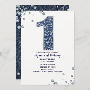 Denim & Diamonds Bling Sparkle 1ST Birthday 1 ONE Invitation