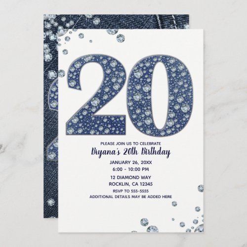 Denim  Diamonds Bling Sparkle 20TH 20 Birthday Invitation