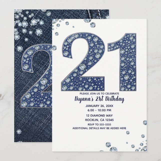 Denim & Diamonds Bling Sparkle 21st 21 Birthday Invitation (Front/Back)