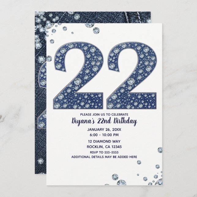 Denim & Diamonds Bling Sparkle 22 22nd Birthday Invitation (Front/Back)