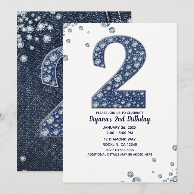 Denim & Diamonds Bling Sparkle 2ND Birthday 2 TWO Invitation (Front/Back)