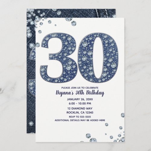 Denim  Diamonds Bling Sparkle 30TH 30 Birthday Invitation