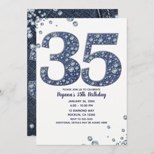 Denim  Diamonds Bling Sparkle 35TH 35 Birthday Invitation