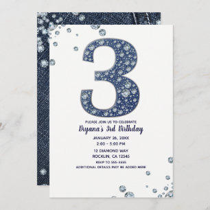 Denim & Diamonds Bling Sparkle 3rd 3 Birthday Invitation