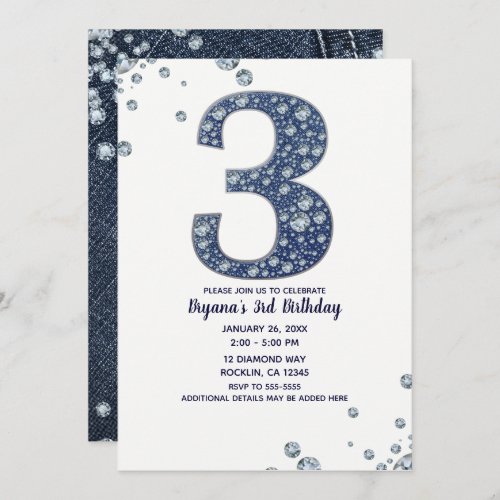 Denim  Diamonds Bling Sparkle 3rd 3 Birthday Invitation