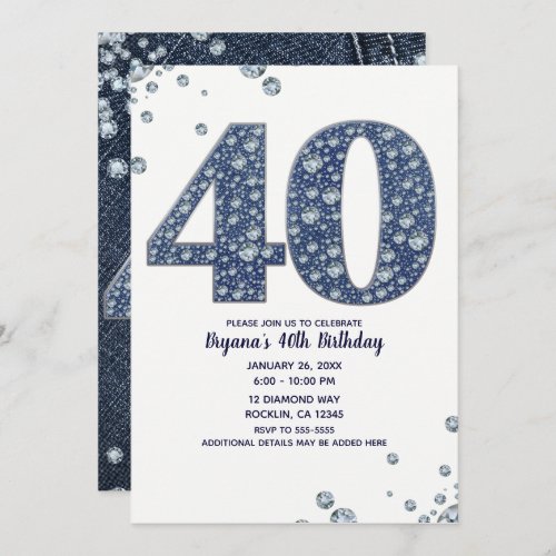 Denim  Diamonds Bling Sparkle 40TH 40 Birthday Invitation