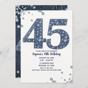 Denim & Diamonds Bling Sparkle 45TH 45 Birthday Invitation