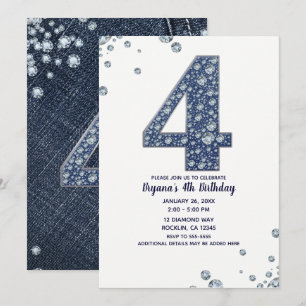 Denim & Diamonds Bling Sparkle 4th 4 Birthday Invitation
