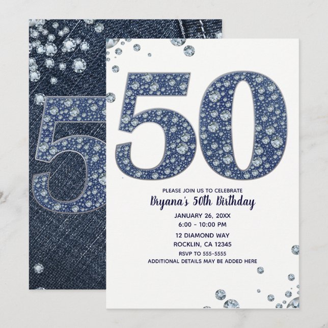 Denim & Diamonds Bling Sparkle 50TH 50 Birthday Invitation (Front/Back)
