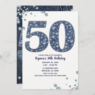 Denim & Diamonds Bling Sparkle 50TH 50 Birthday Invitation