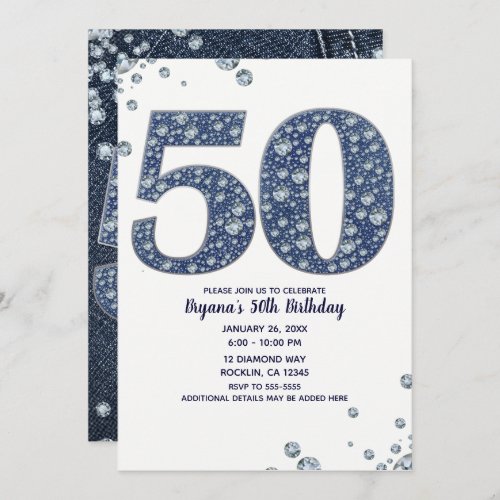 Denim  Diamonds Bling Sparkle 50TH 50 Birthday Invitation