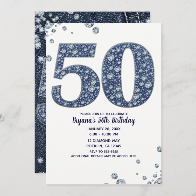 Denim & Diamonds Bling Sparkle 50TH 50 Birthday Invitation (Front/Back)