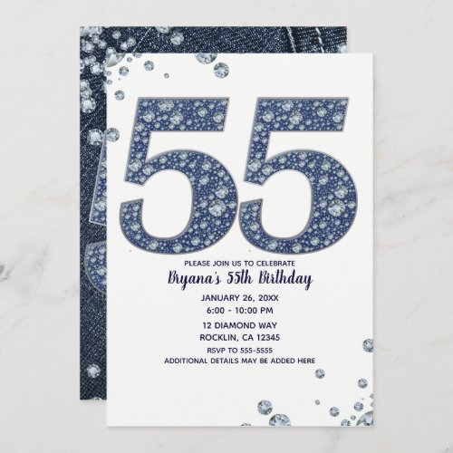 Denim  Diamonds Bling Sparkle 55TH 55 Birthday Invitation