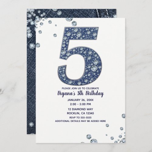 Denim  Diamonds Bling Sparkle 5th 5 Birthday Invitation