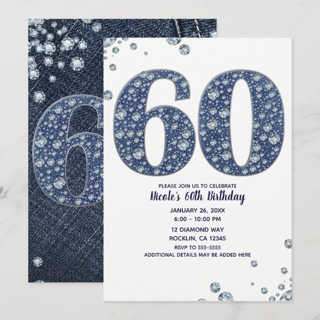 Denim & Diamonds Bling Sparkle 60TH 60 Birthday Invitation (Front/Back)