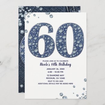Denim & Diamonds Bling Sparkle 60th 60 Birthday Invitation by printabledigidesigns at Zazzle