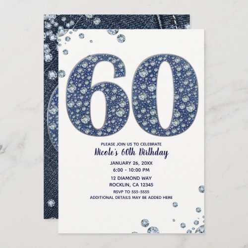 Denim  Diamonds Bling Sparkle 60TH 60 Birthday Invitation