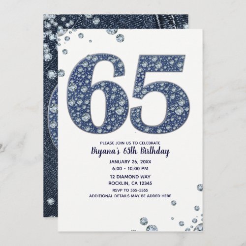 Denim  Diamonds Bling Sparkle 65TH 65 Birthday Invitation