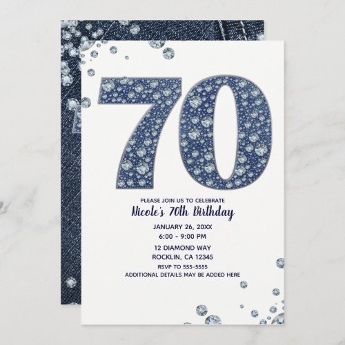 Denim  Diamonds Bling Sparkle 70TH 70 Birthday Invitation