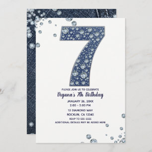 Denim & Diamonds Bling Sparkle 7th 7 Birthday Invitation