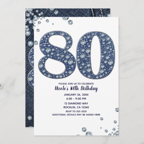 Denim  Diamonds Bling Sparkle 80TH 80 Birthday Invitation