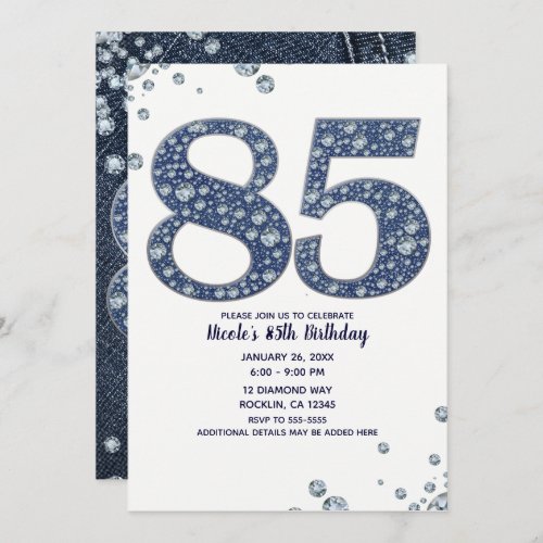 Denim  Diamonds Bling Sparkle 85TH 85 Birthday Invitation