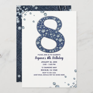 Denim & Diamonds Bling Sparkle 8th 8 Birthday Invitation