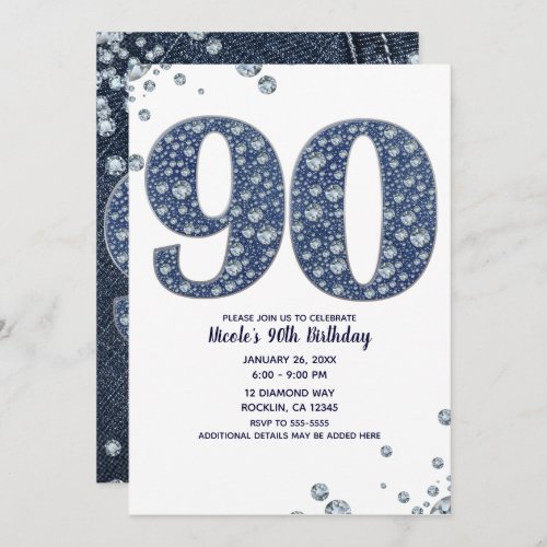 Denim  Diamonds Bling Sparkle 90TH 90 Birthday Invitation