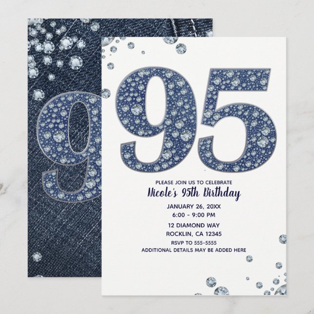 Denim & Diamonds Bling Sparkle 95TH 95 Birthday Invitation (Front/Back)