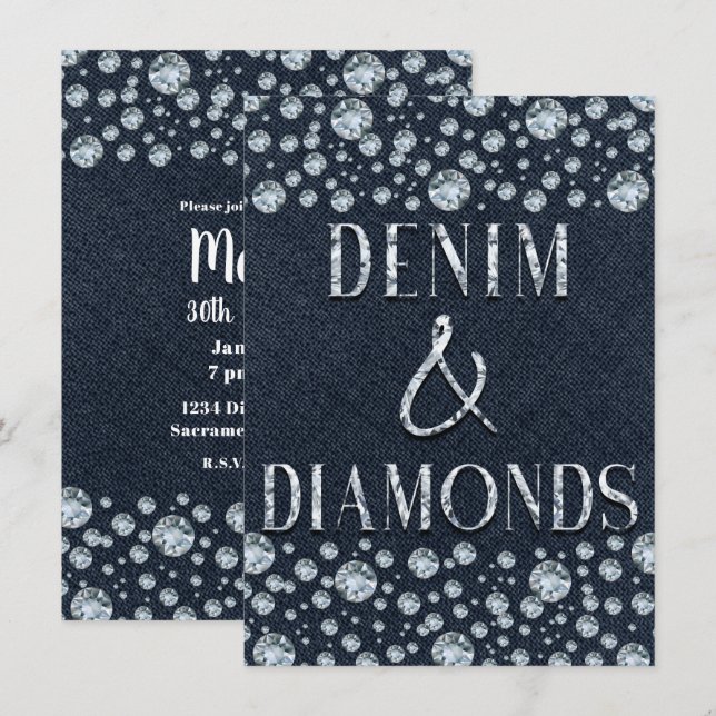 Denim & Diamonds Bling Sparkle Birthday Party Glam Invitation (Front/Back)