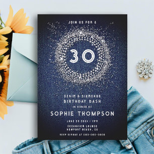 Denim Diamonds Bling Starburst 30th Birthday Party Invitation
