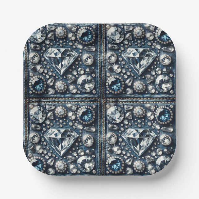 Denim & Diamonds Bling Sweet 16 Birthday Party Paper Plates (Front)