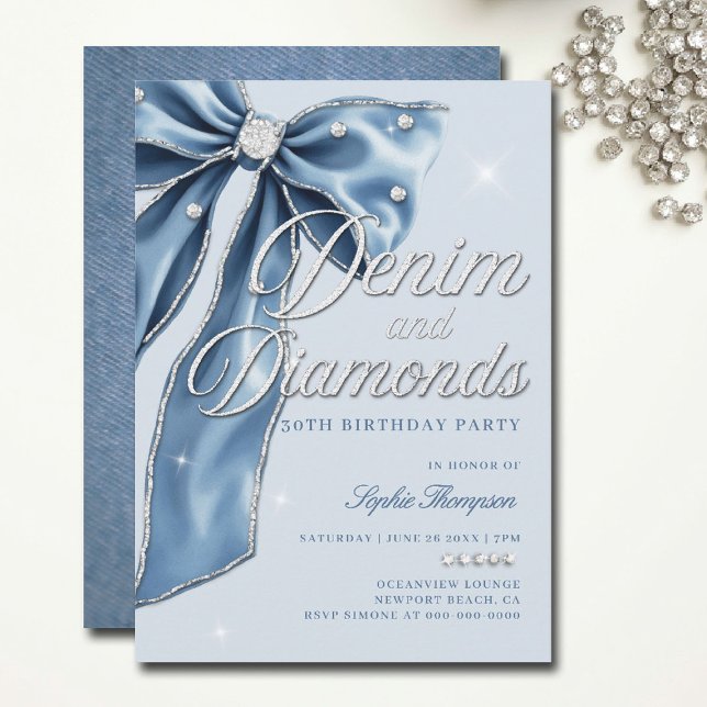 Denim Diamonds Blue Bow Script 30th Birthday Party Invitation (diamonds and denim party invitations bow 30th 50th sweet 16 elegant classy bling template)