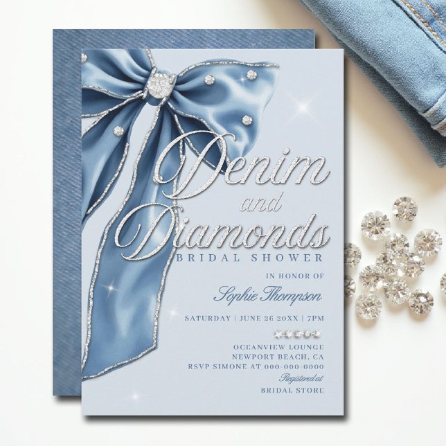 Denim Diamonds Blue Bow Script Chic Bridal Shower Invitation (denim and diamonds bridal shower ideas elegant bow classy bling script blue white template)