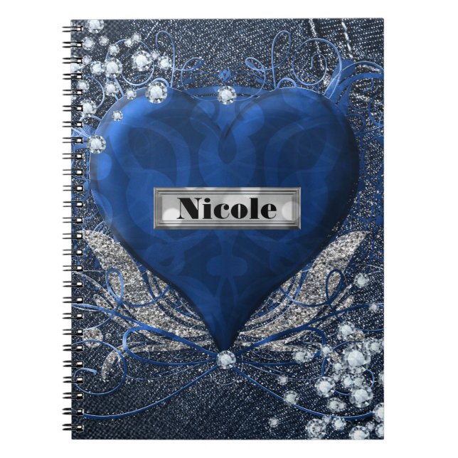 Denim & Diamonds Blue Heart Custom Personalized Notebook (Front)