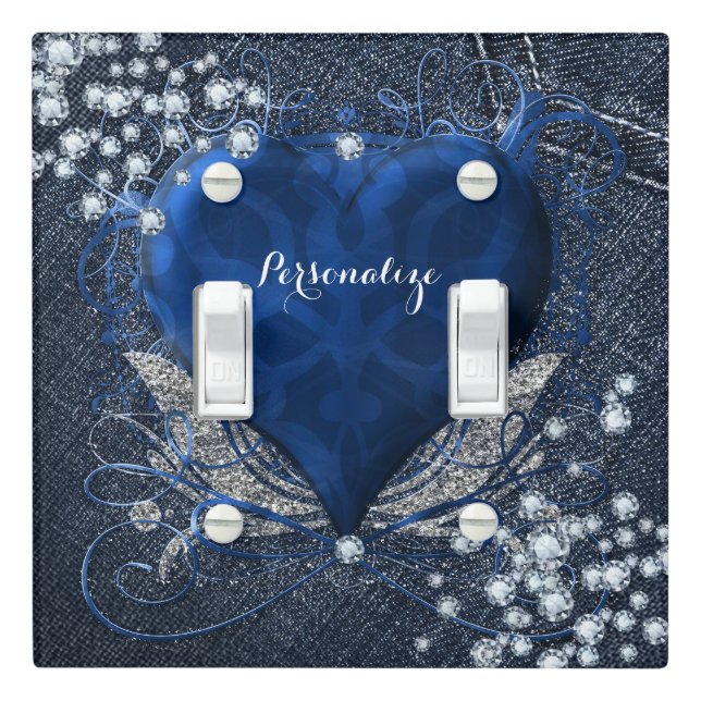 Denim & Diamonds Blue Heart Diamond Bling Light Switch Cover (In Situ)