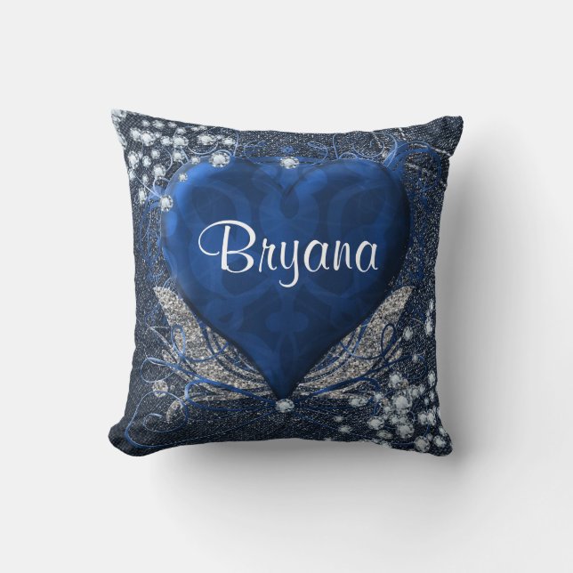Denim & Diamonds Blue Heart Personalized Glam Throw Pillow (Front)