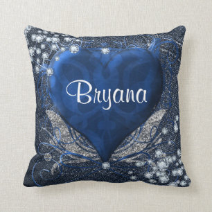 Denim & Diamonds Blue Heart Personalized Glam Throw Pillow