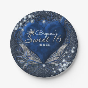Denim & Diamonds Blue Heart Sweet 16 Party Paper Plates
