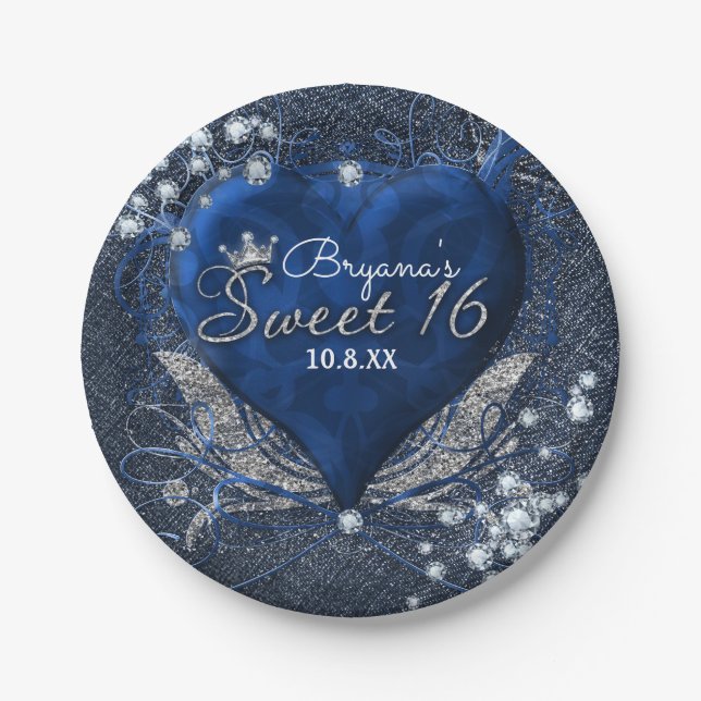 Denim & Diamonds Blue Heart Sweet 16 Party Paper Plates (Front)