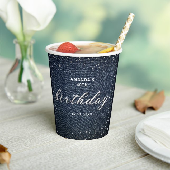 Denim Diamonds Blue Navy Any Age Birthday Party Paper Cups (Insitu)