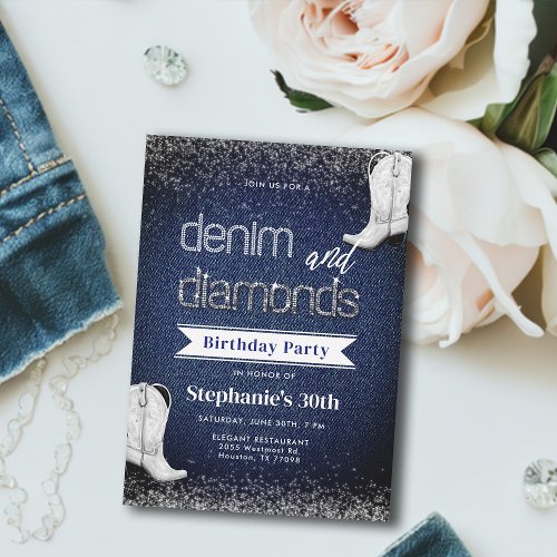 Denim Diamonds Blue White Boots Chic 30th Birthday Invitation