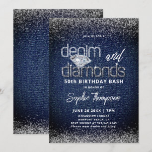 Denim Diamonds Blue White Elegant 50th Birthday Invitation