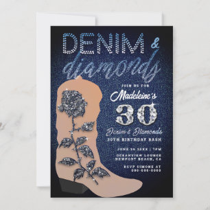 Denim Diamonds Boot Rose Rustic 30 Birthday Party Invitation