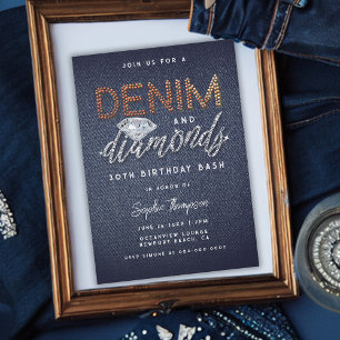 Denim Diamonds Brass Rhinestones Birthday Party Invitation