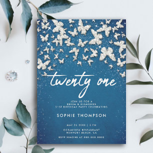 Denim Diamonds Butterflies Glitter Blue 21st Bday Invitation
